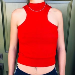 Red mock neck racer front knit tank
